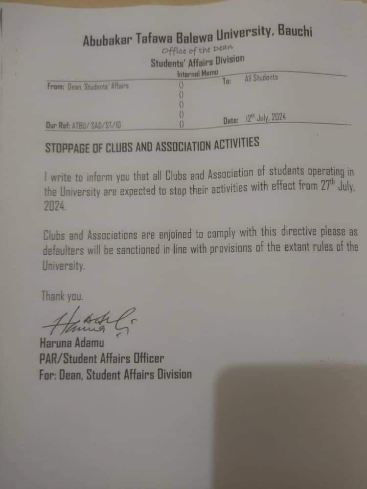 Abubakar Tafawa Balewa University Orders Suspension of Club and Association Activities